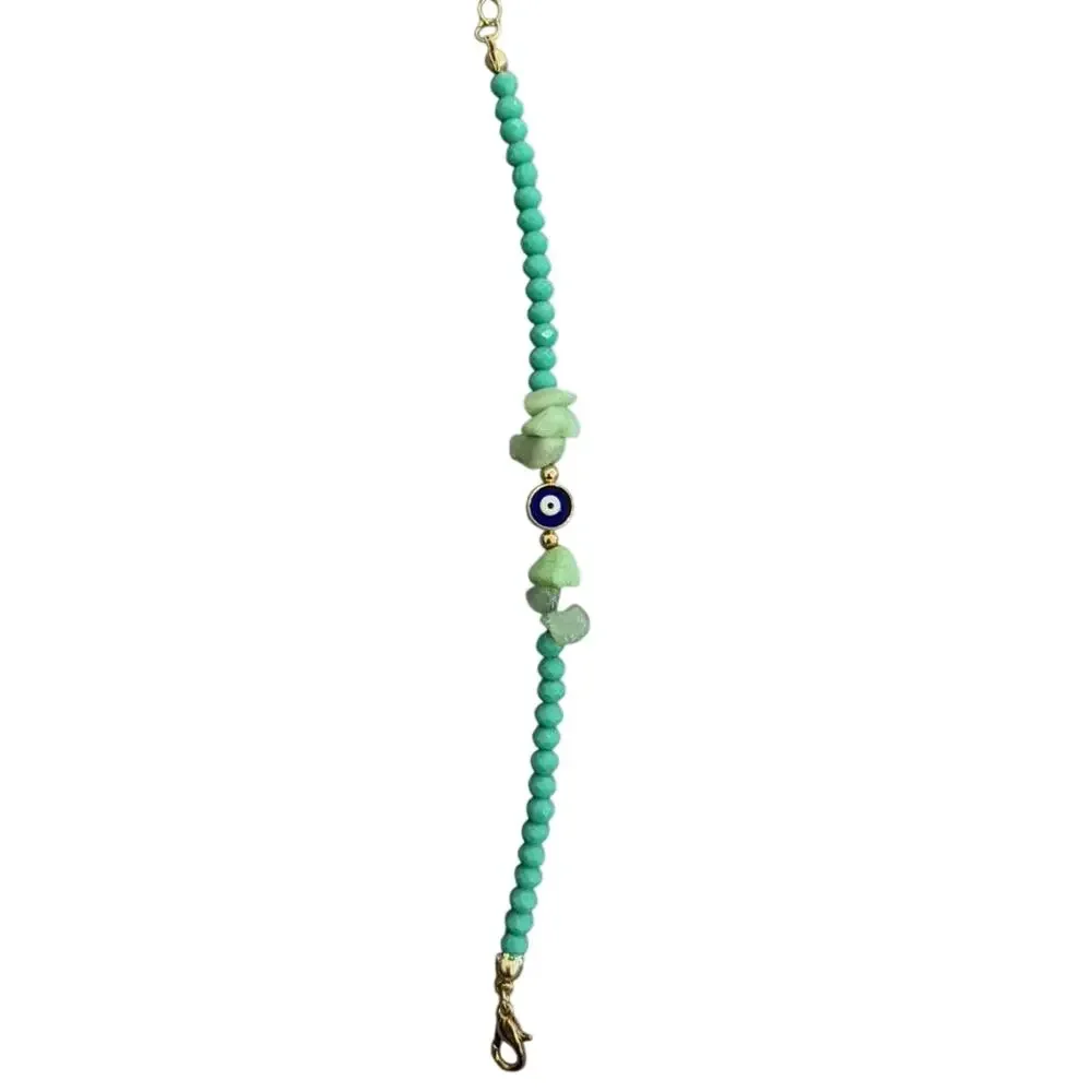 Turquoise Evil Eye Beaded Bracelet Gold Tone Adjustable Handmade - Picture 3 of 4